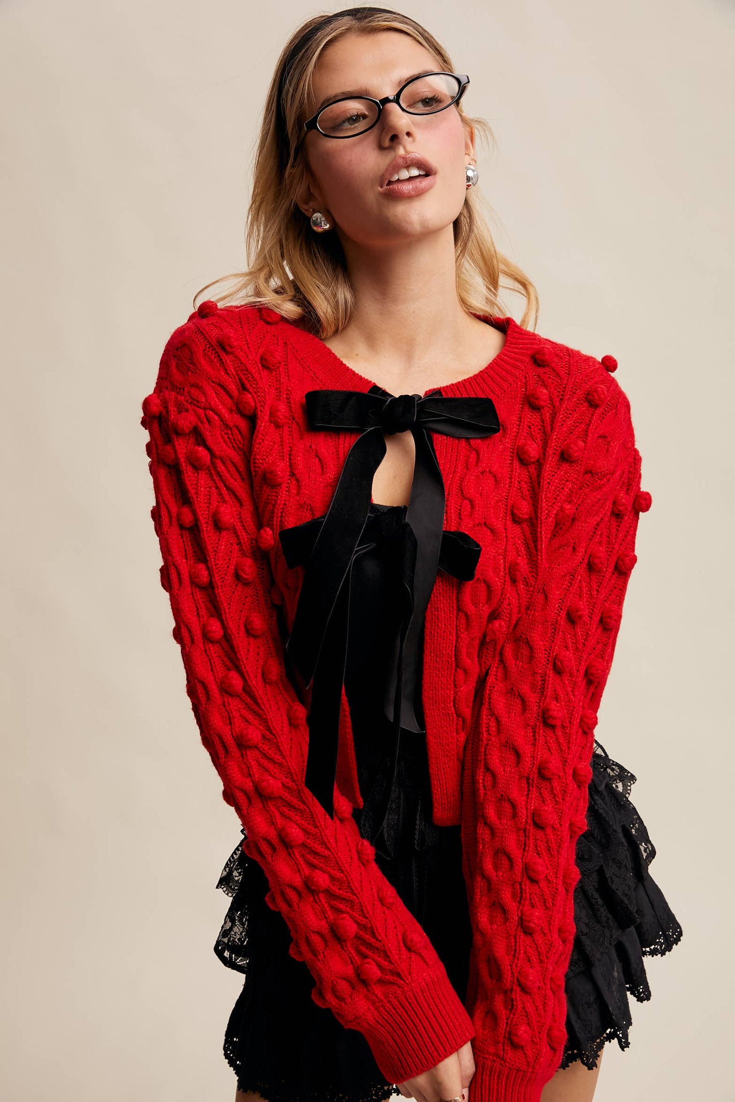 Noel Bow Pom Tie Cardigan