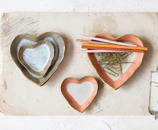 Stoneware Heart Dish w/ Gold Edge, 2 Colors