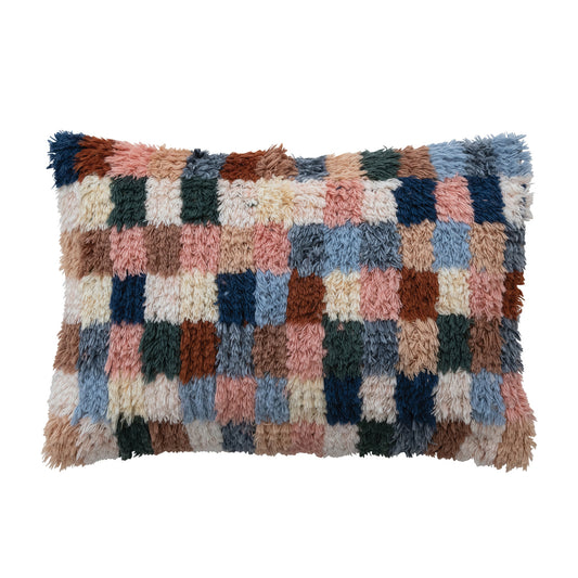 24" Checkered Shag Wool Pillow