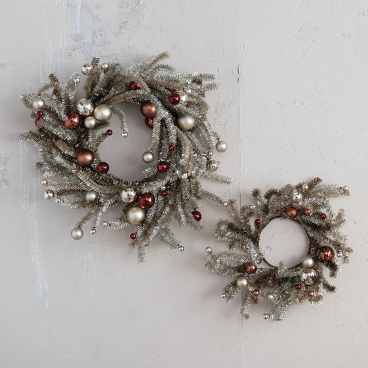 Vintage Tinsel Wreath with Ornaments- Two Sizes