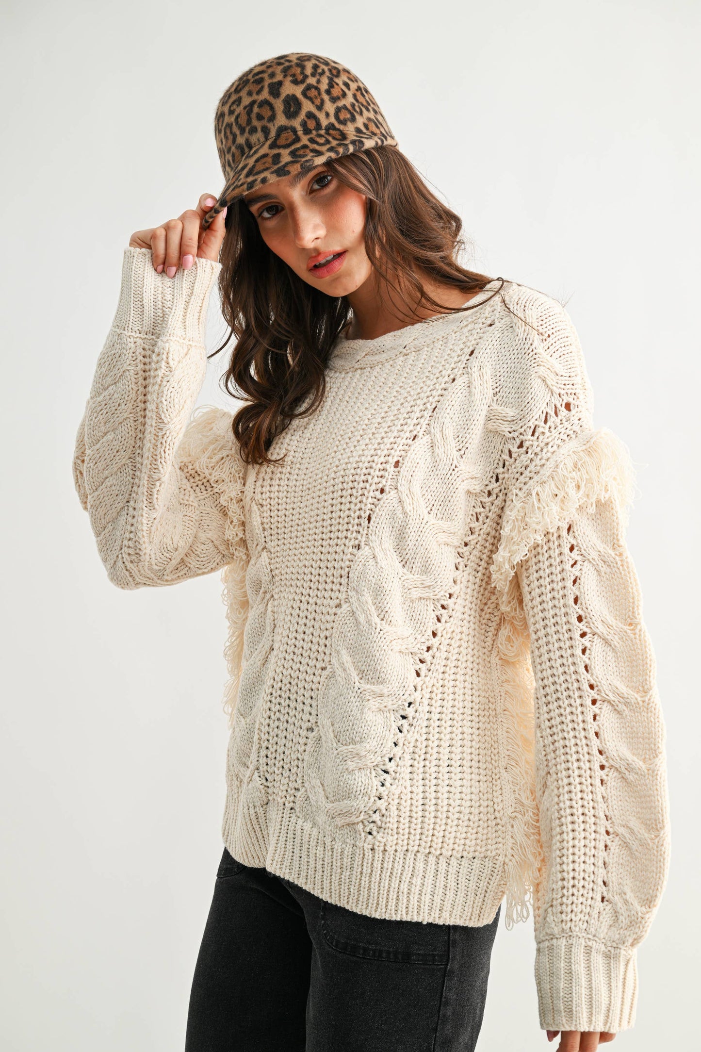 Nina Fringe Cable Knit Sweater
