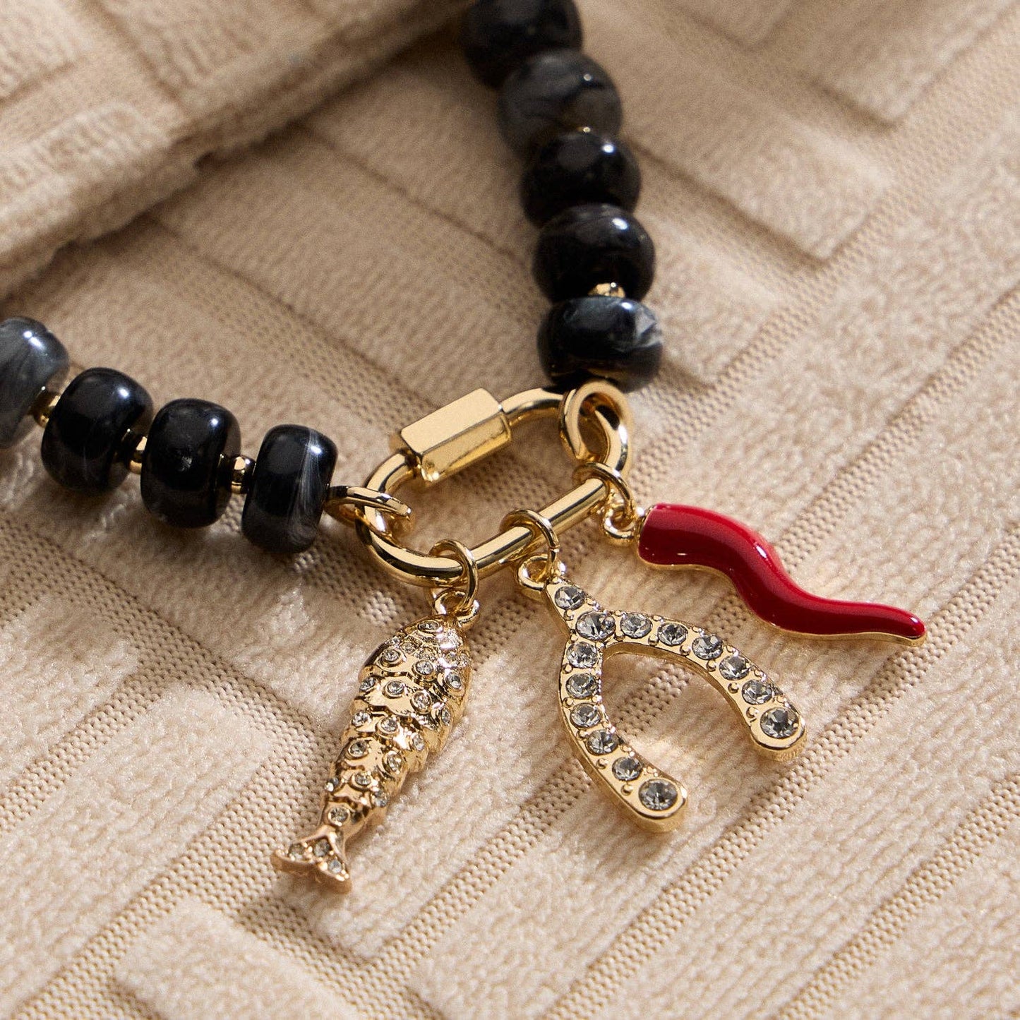 Glass Stone & Charm Necklace - Three Colors