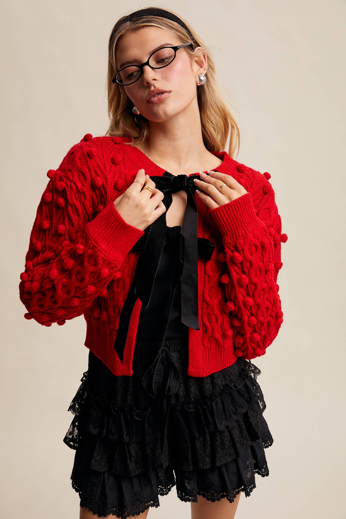 Noel Bow Pom Tie Cardigan