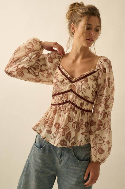 Henna Velvet-Trim Babydoll  Top