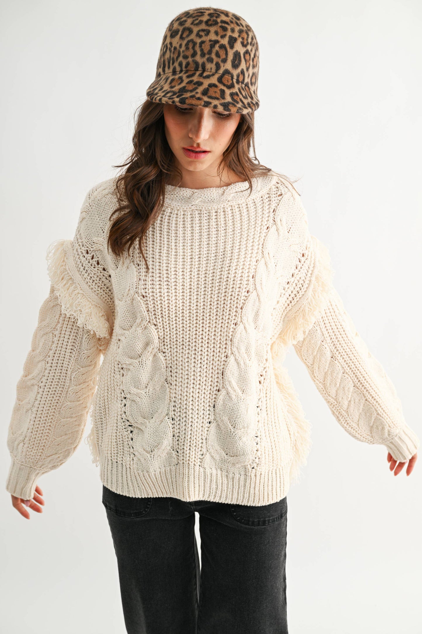 Nina Fringe Cable Knit Sweater