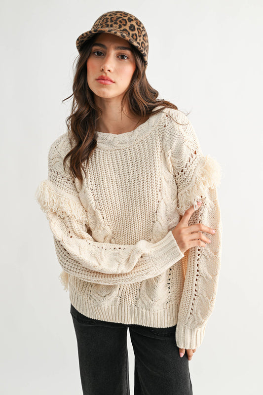 Nina Fringe Cable Knit Sweater
