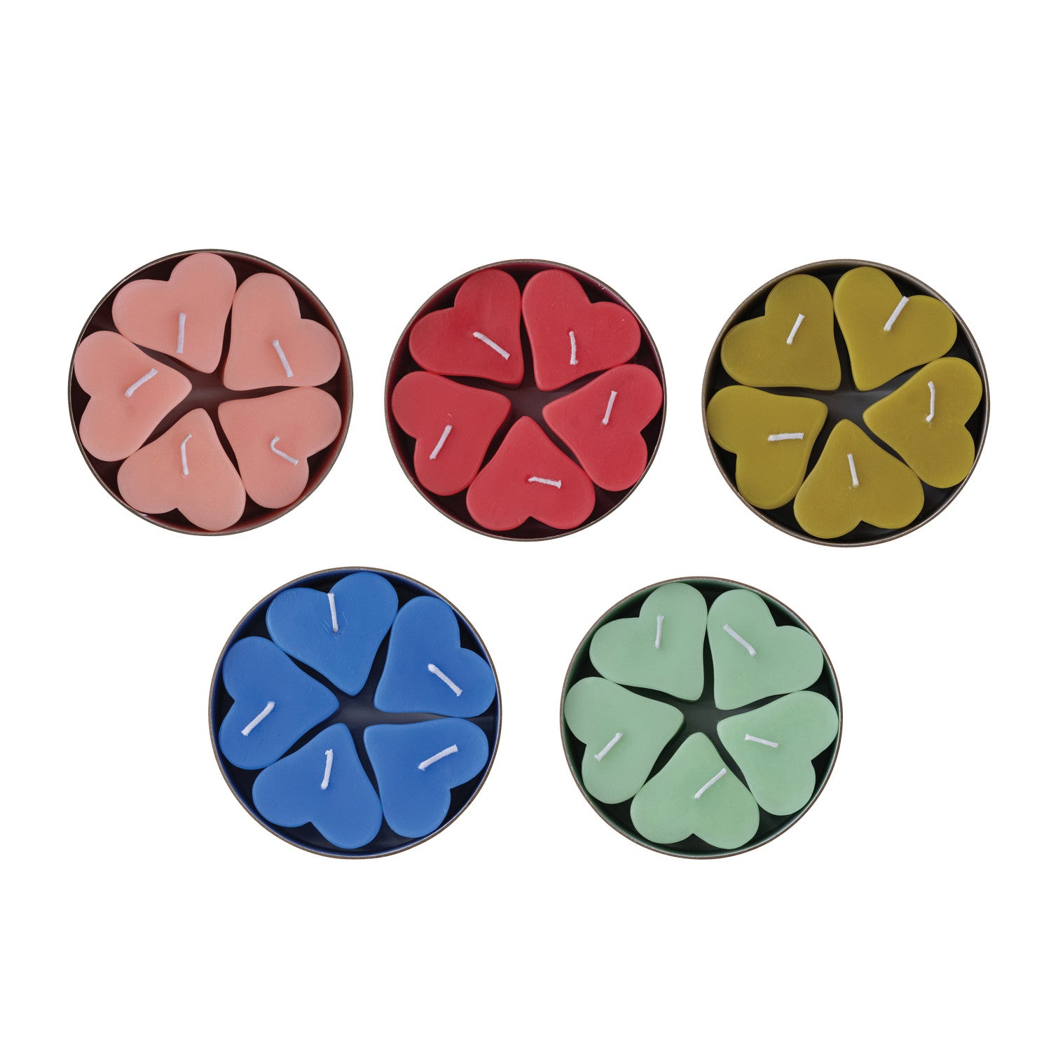 Unscented Heart Shaped Candles in Box, Set of 5, 5 Colors (Est. Burn Time 4 Hours)