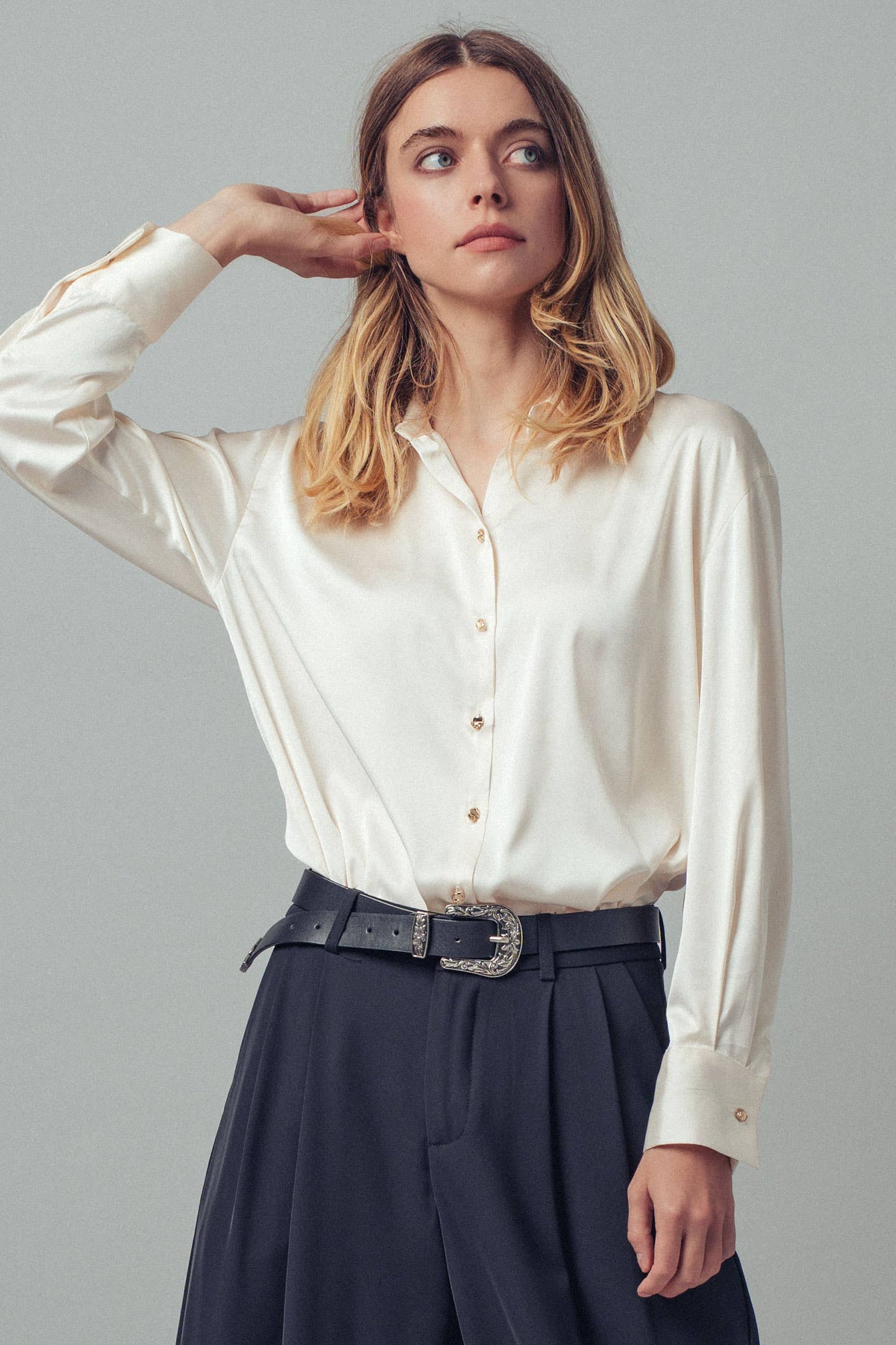 Jewel Satin Button Down Blouse