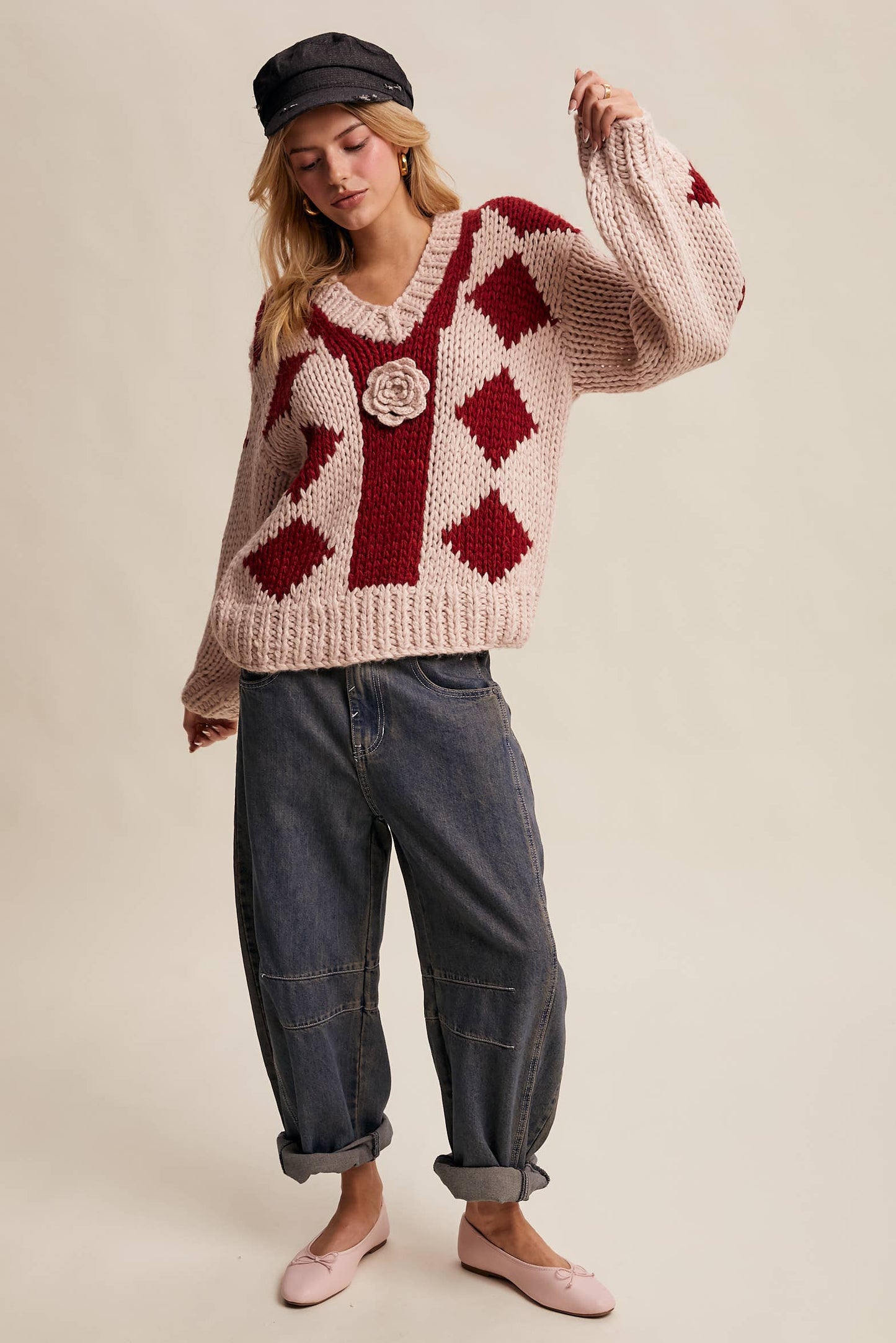 Layla 3D Floral Handmade Argyle Sweater