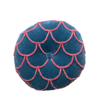 18" Round Cotton Pillow w/ Tufted Scallop Pattern, Navy Blue & Pink