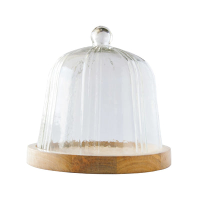 Recycled Glass Pleated Cloche w/ Mango Wood Base, Set of 2