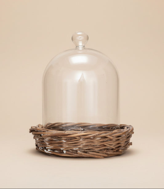 Decorative Glass Cloche w/ Woven Willow Base, Set of 2