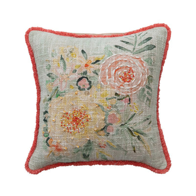 Cotton Slub Pillow with Flowers, Embroidery & Eyelash Fringe