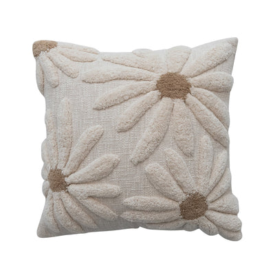 18" Square Cotton Slub Pillow with Tufted Flowers