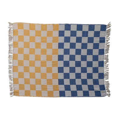 Woven Recycled Cotton Blend Throw with Check Pattern & Fringe