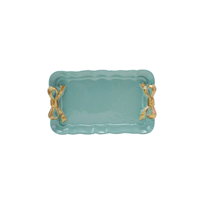 Decorative Metal Tray with Gold Finish Bows, Aqua