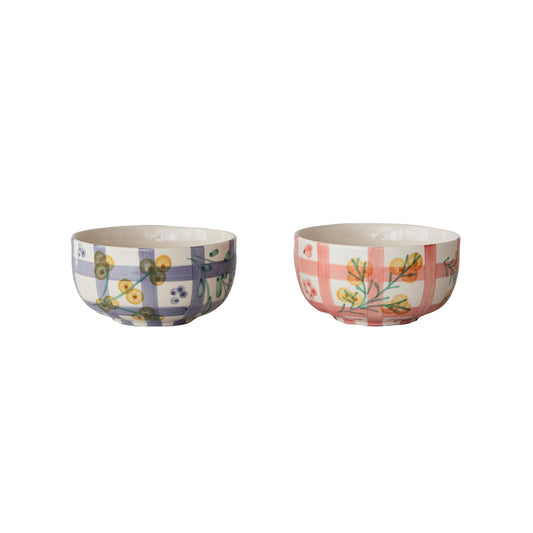 Hand-Painted Stoneware Bowl with Grid Pattern, 2 Styles (Each One Will Vary)