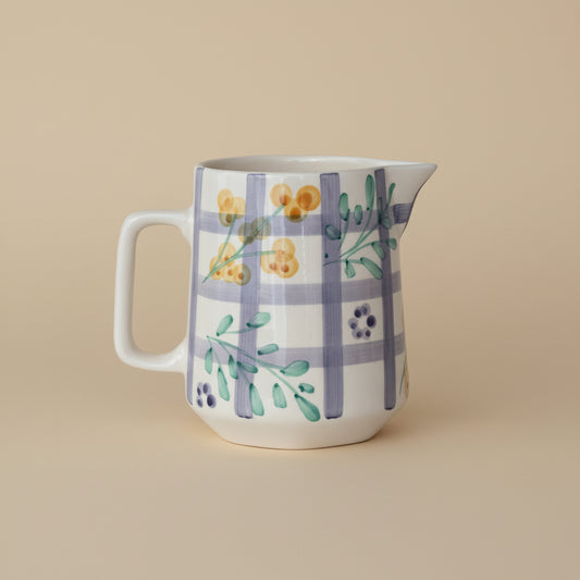 32 oz. Hand-Painted Stoneware Pitcher with Grid Pattern & Botanicals (Each One Will Vary)