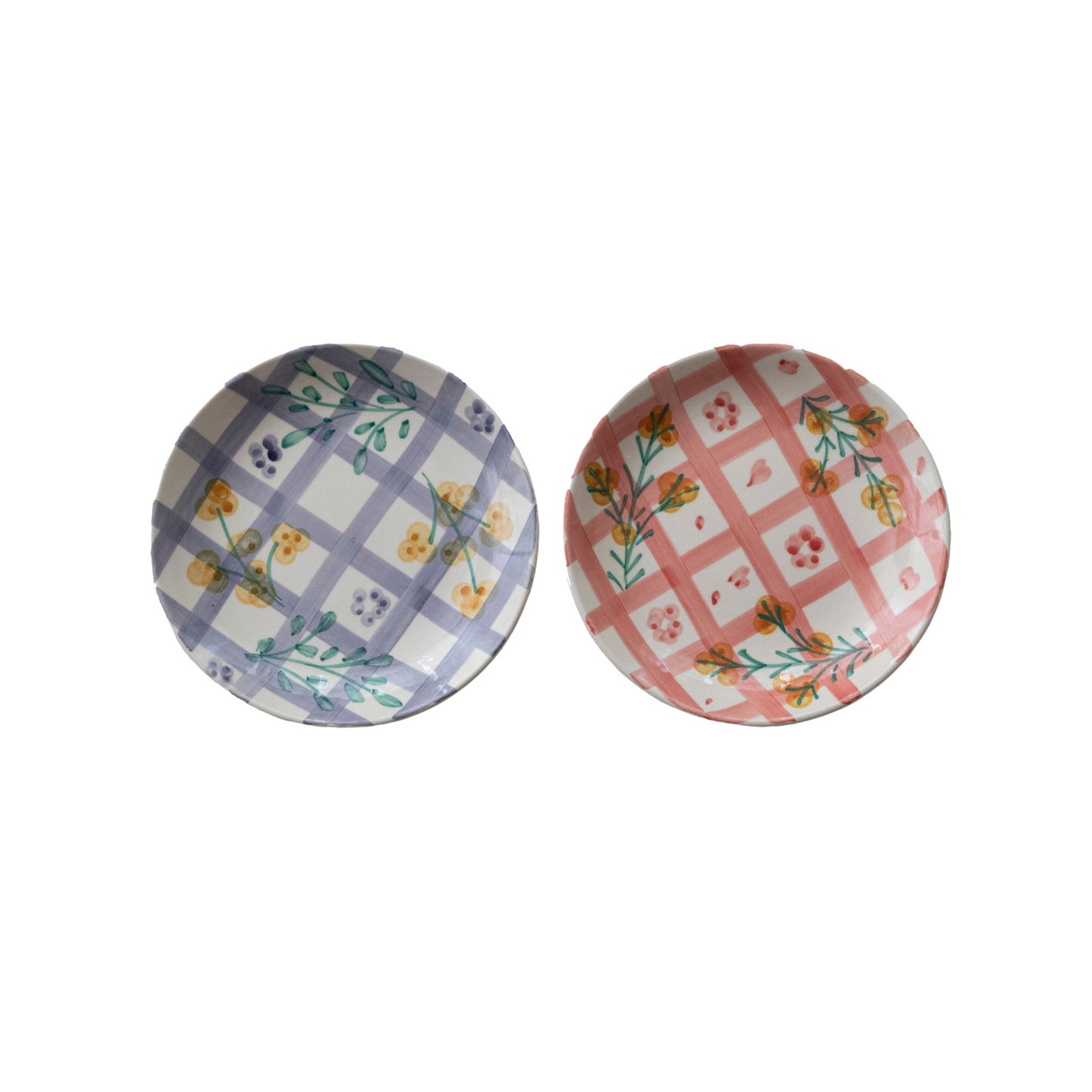 Hand-Painted Stoneware Plate with Grid Pattern & Botanicals, 2 Styles (Each One Will Vary)