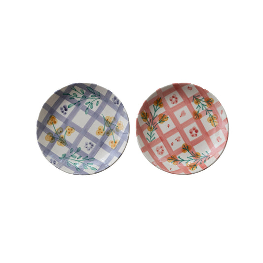 Hand-Painted Stoneware Plate with Grid Pattern & Botanicals, 2 Styles (Each One Will Vary)