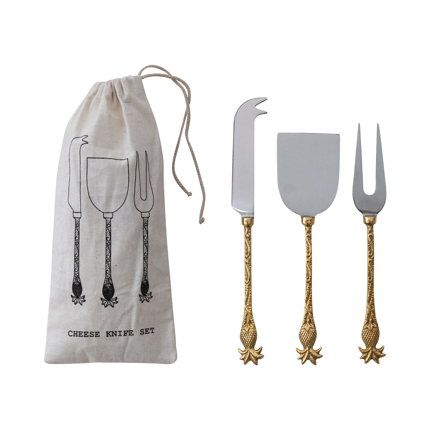 Stainless Steel Cheese Knives with Brass Pineapple Shaped Handles, Set of 3 in Drawstring Bag