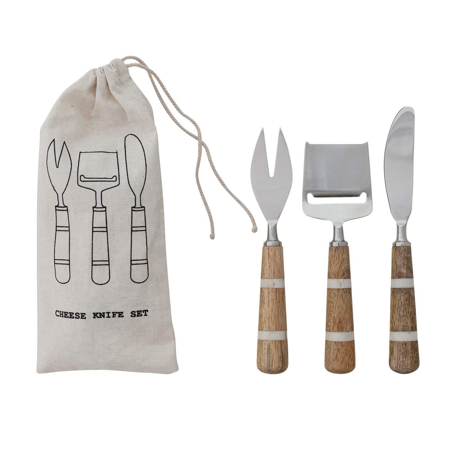Stainless Steel Cheese Knives with Mango Wood & Resin Handles, Set of 3 in Drawstring Bag