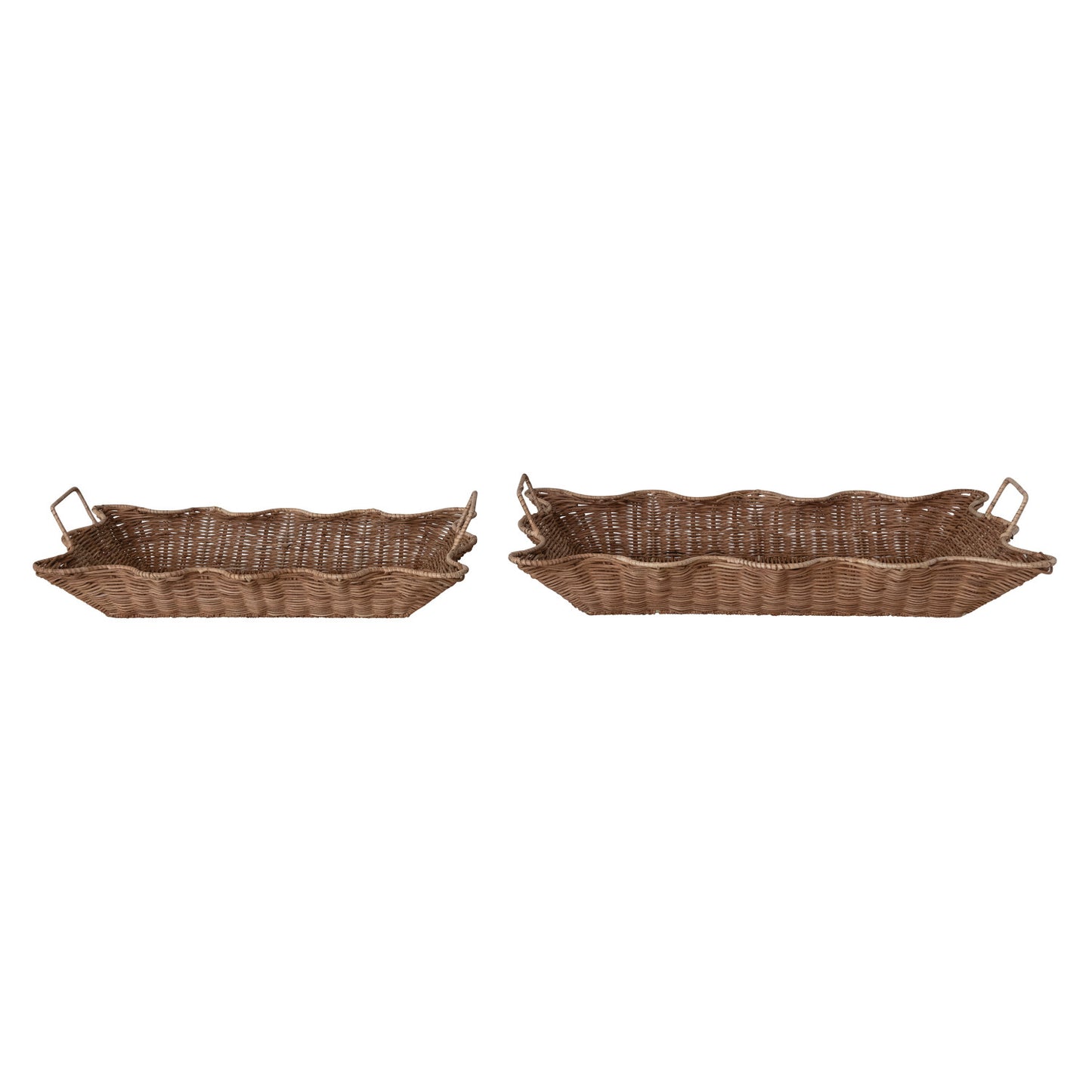 Decorative Hand-Woven Rattan Scalloped Nesting Trays with Handles, Natural, Set of 2