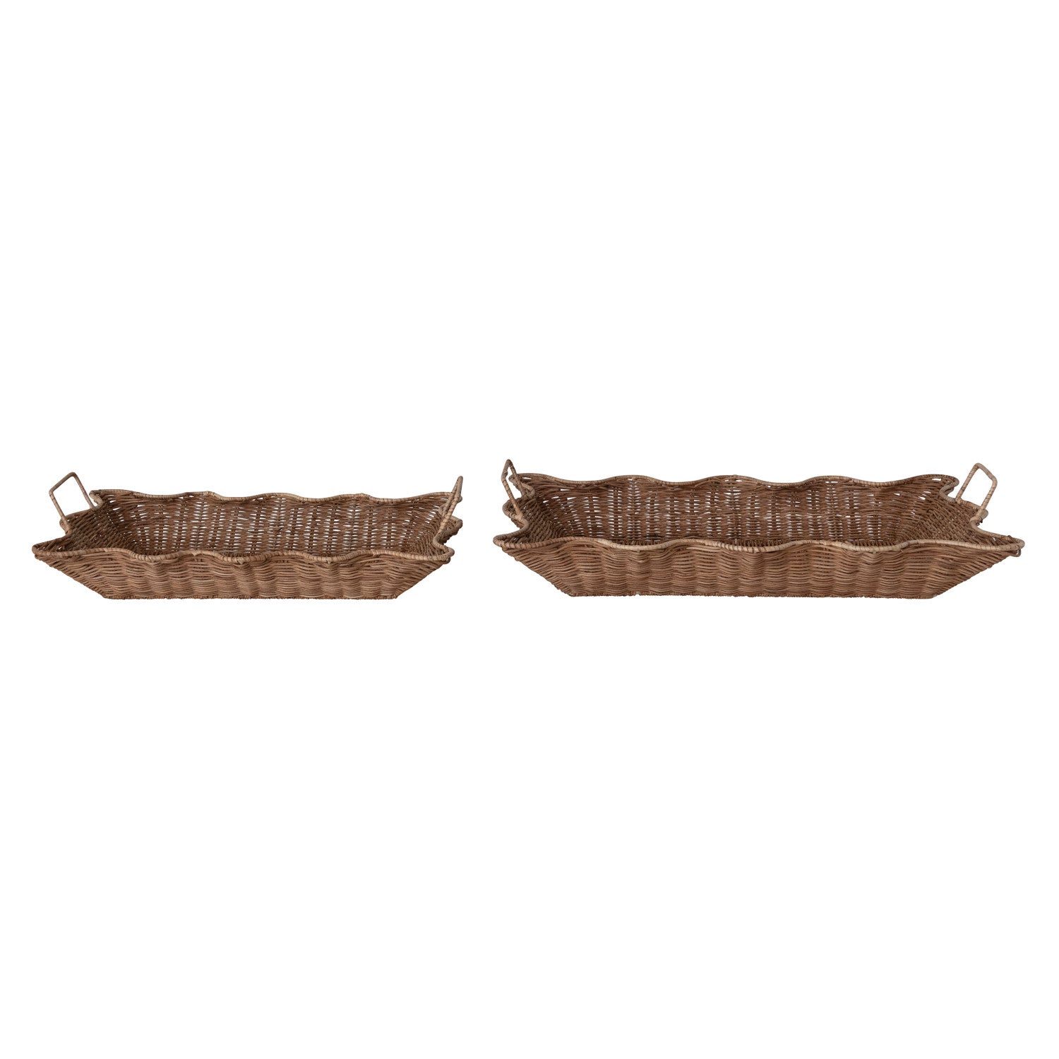 Decorative Hand-Woven Rattan Scalloped Nesting Trays with Handles, Natural, Set of 2
