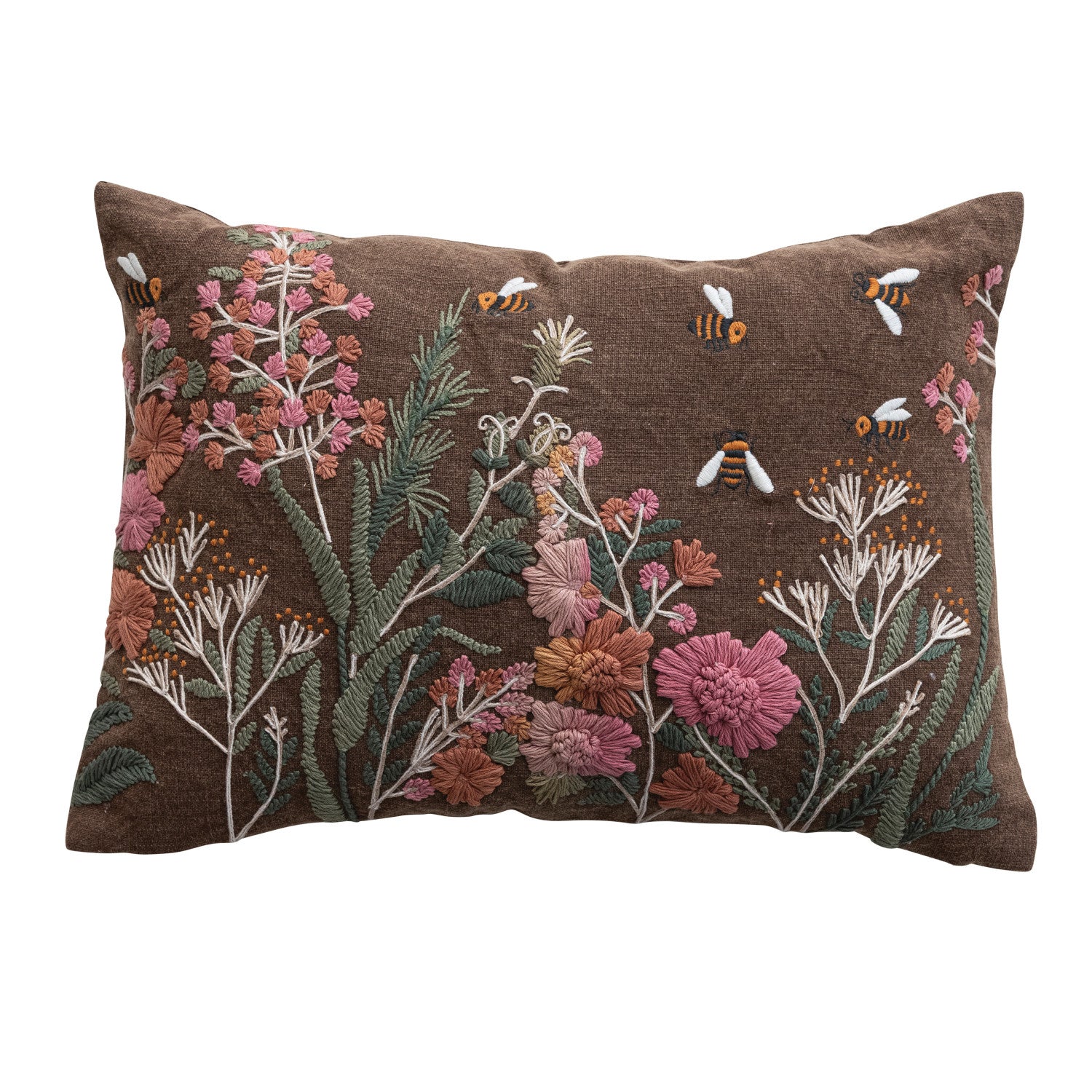 Stonewashed Cotton Slub Lumbar Pillow with Hand-Embroidered Flowers & Bees