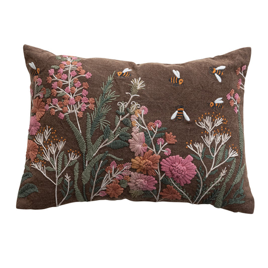Stonewashed Cotton Slub Lumbar Pillow with Hand-Embroidered Flowers & Bees