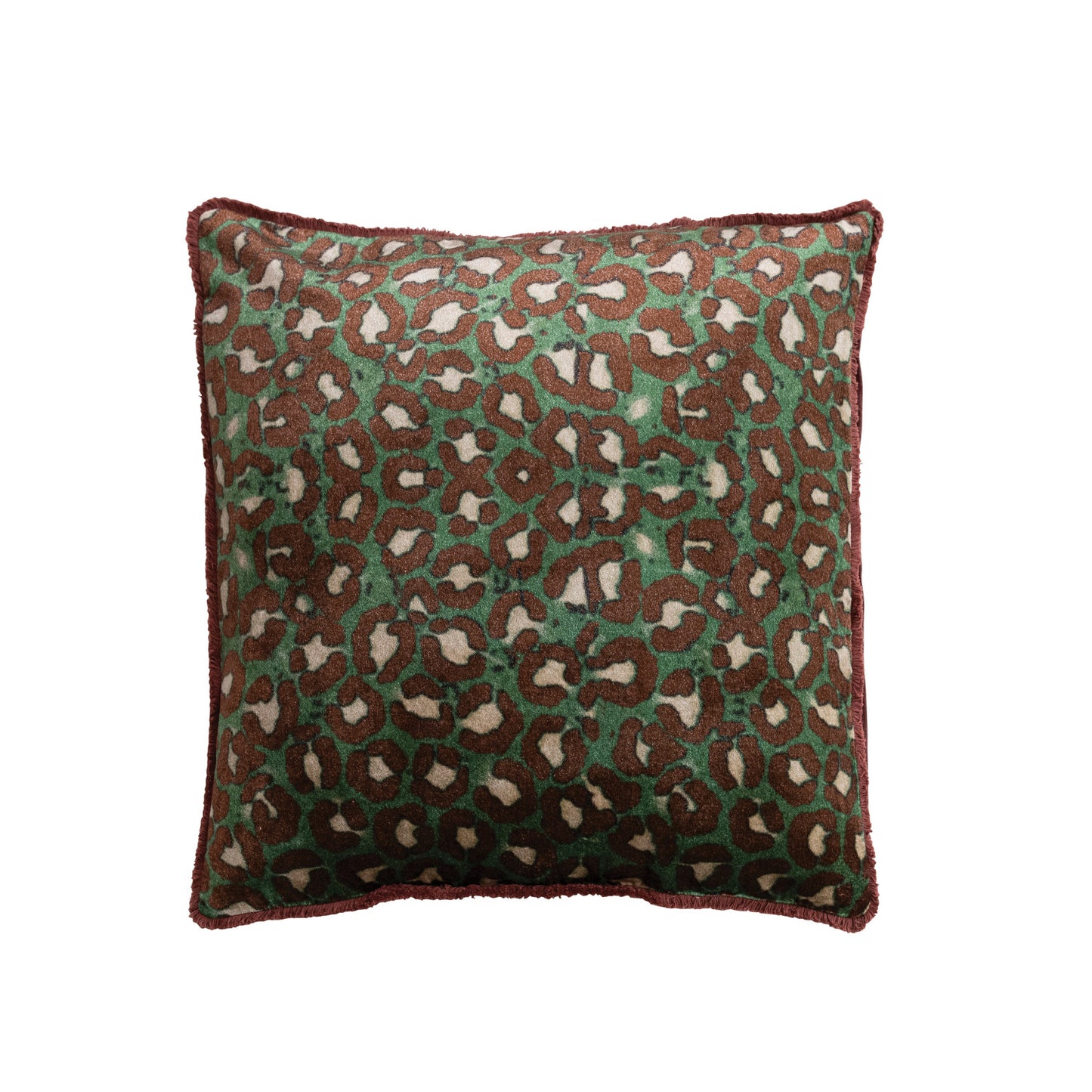 20" Square Cotton Velvet Pillow with Leopard Print Pattern & Tufted Fringe, Green, Brown