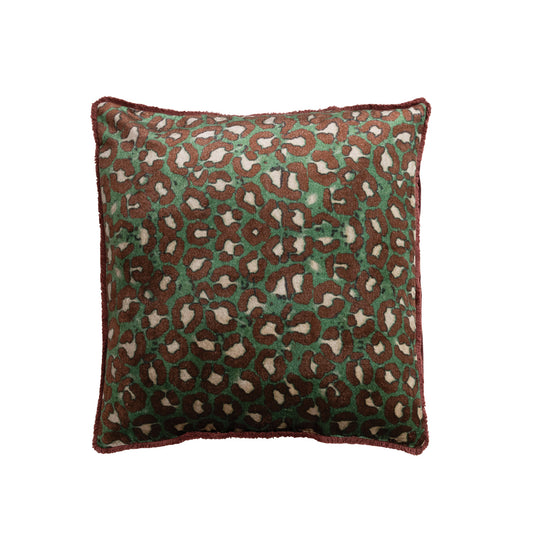 20" Square Cotton Velvet Pillow with Leopard Print Pattern & Tufted Fringe, Green, Brown