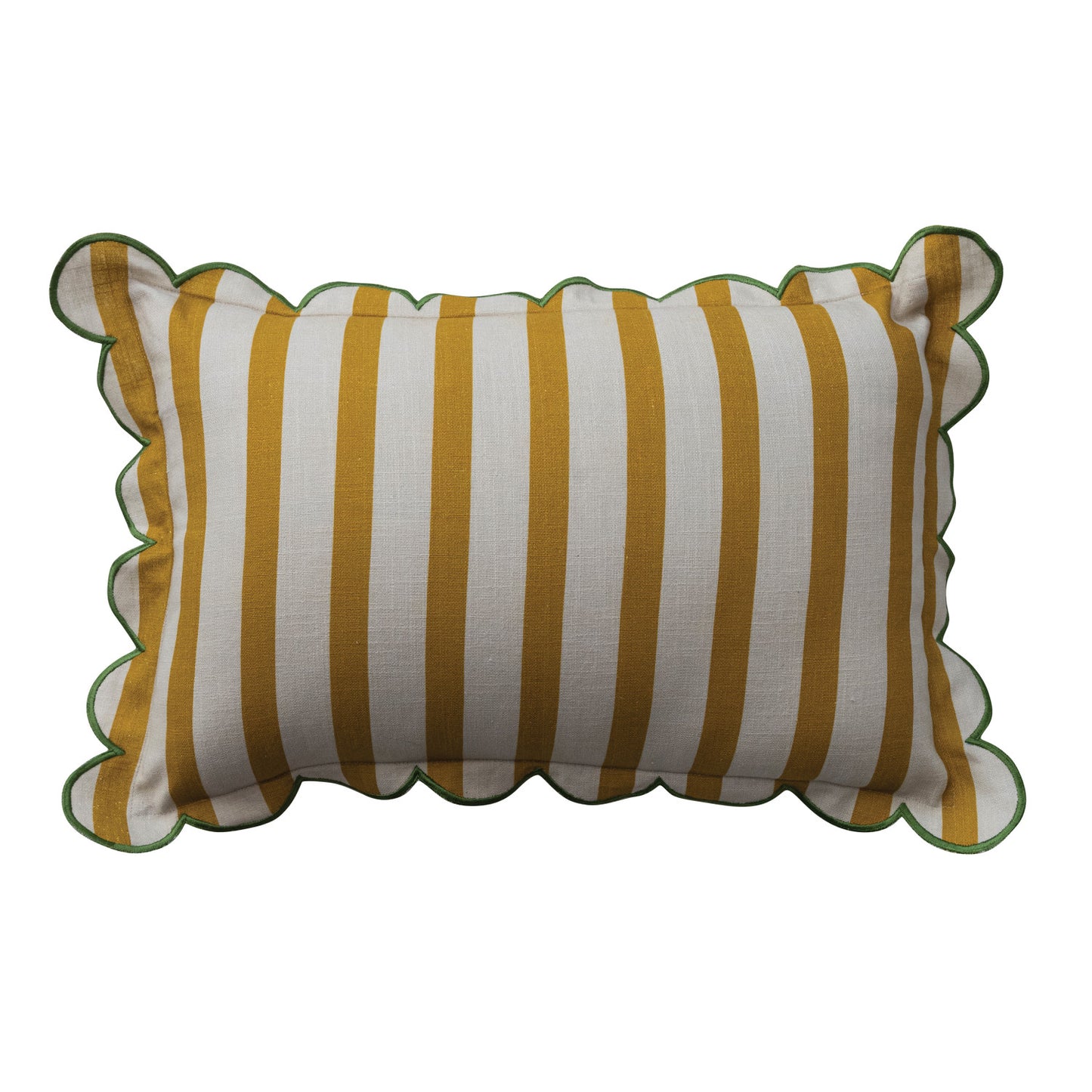 Cotton Striped Lumbar Pillow with Scalloped Flange & Contrasting Stitched Edge & Green