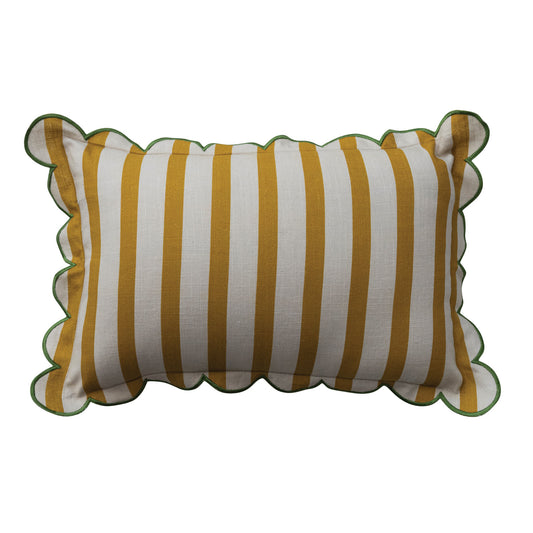 Cotton Striped Lumbar Pillow with Scalloped Flange & Contrasting Stitched Edge & Green