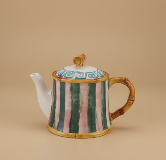 28 oz. Hand-Painted Stoneware Striped Teapot with Pattern & Bamboo Style Edges