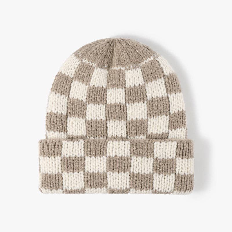 Neutral Check Knit Beanie