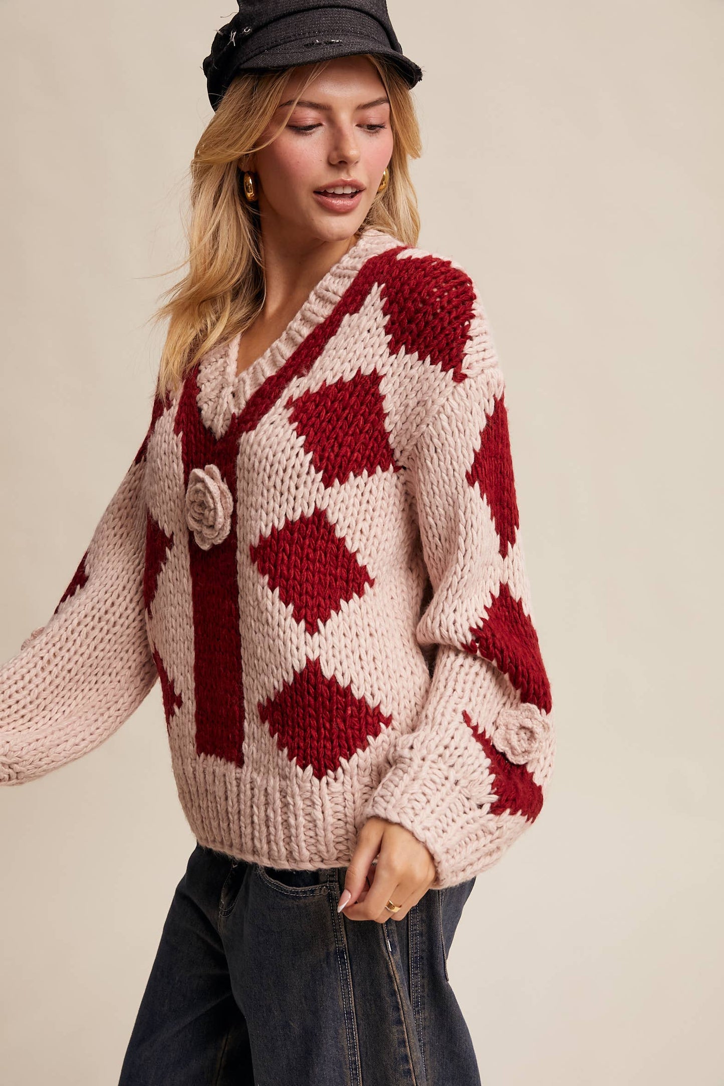 Layla 3D Floral Handmade Argyle Sweater