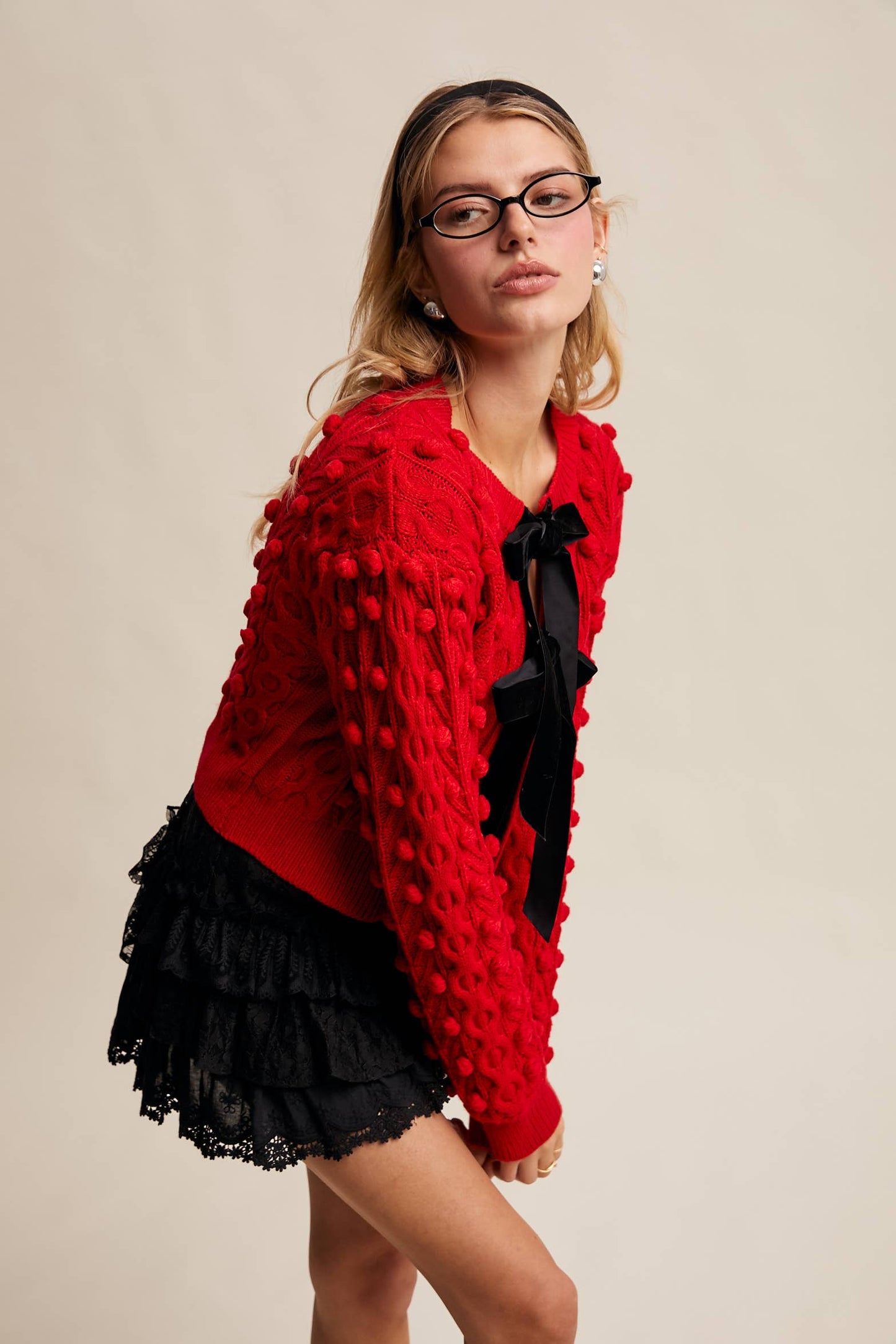 Noel Bow Pom Tie Cardigan