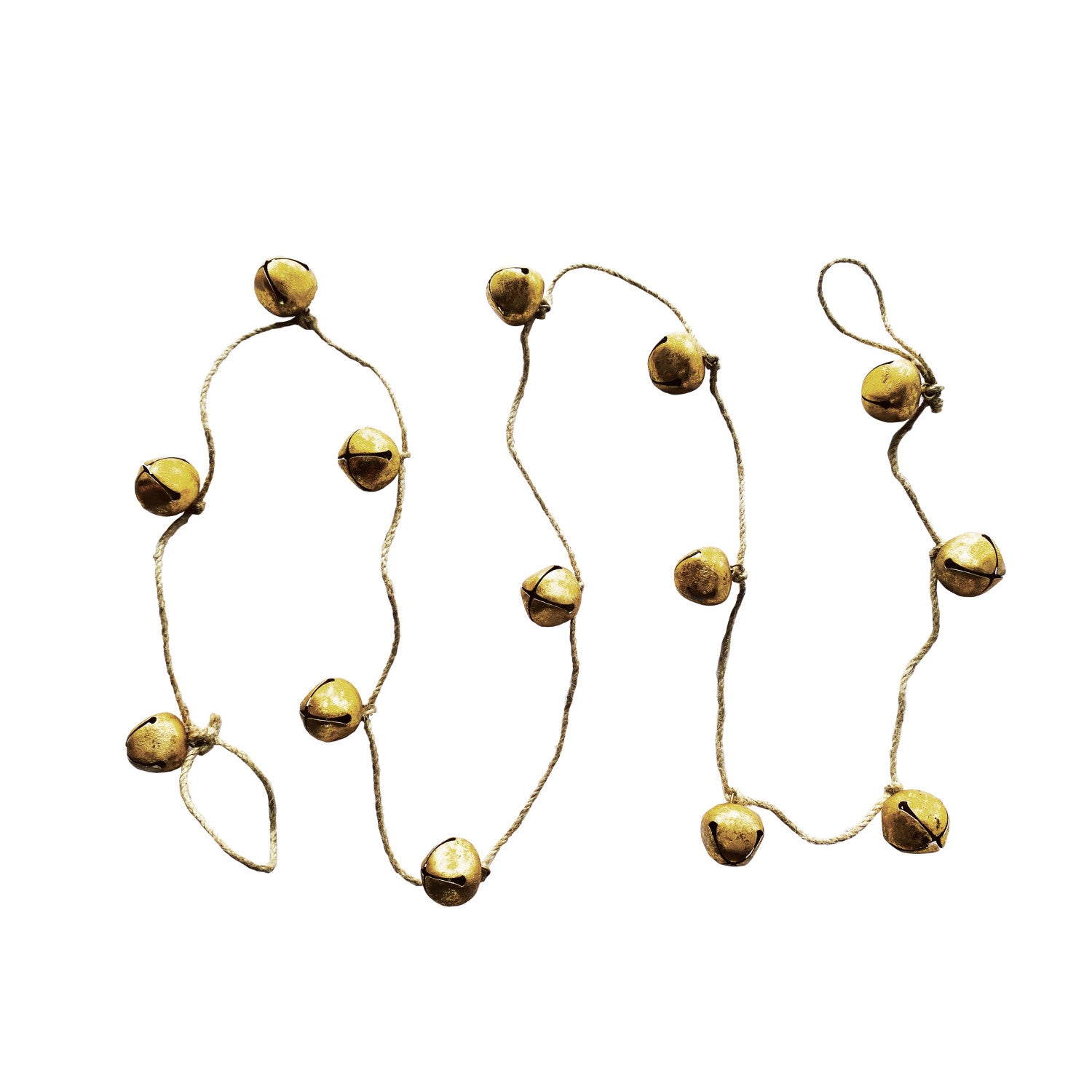 Handmade Metal Bell Garland on Jute Rope, Gold Finish