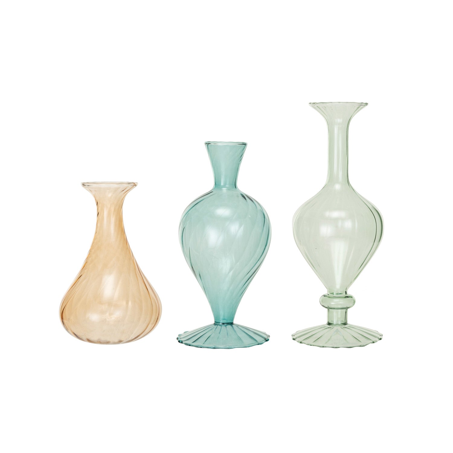 Blown Glass Vases, Blue, Peach & Mint Color, Set of 3