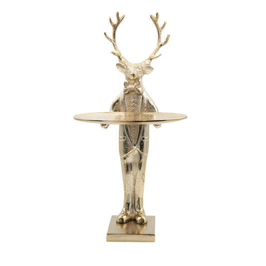 10"L x 8"W x 20"H Cast Aluminum Deer with Tray, Gold Finish