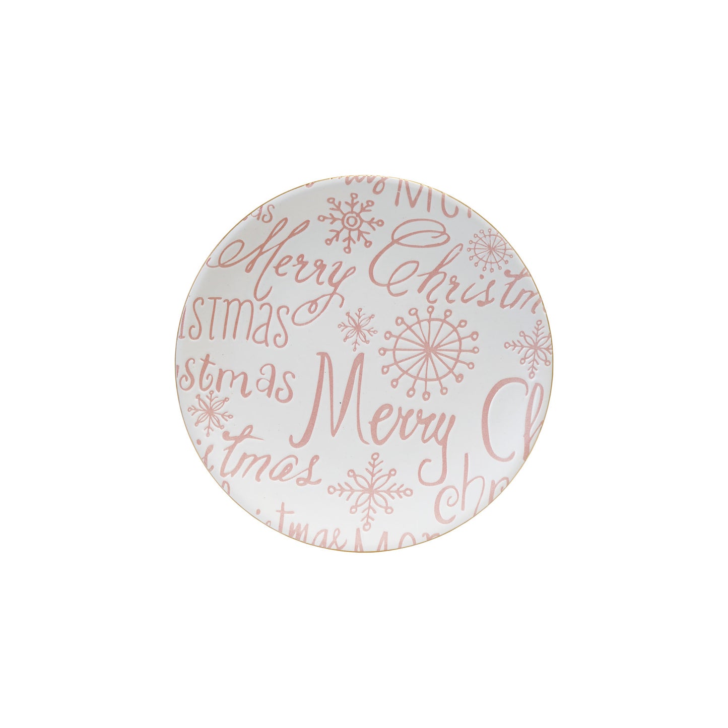 Stoneware Plate with Gold Color Rim "Merry Christmas", Pink & White