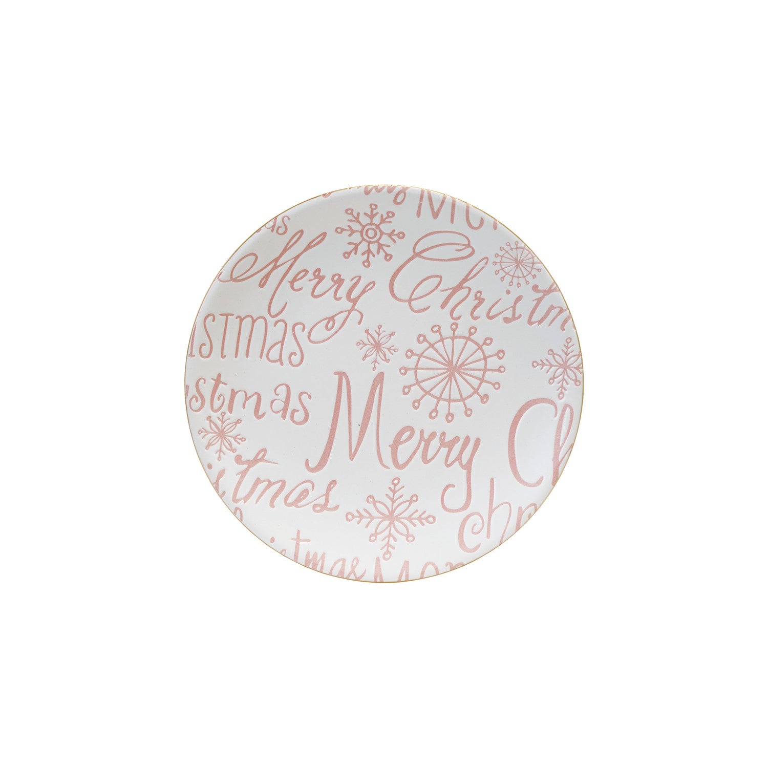 Stoneware Plate with Gold Color Rim "Merry Christmas", Pink & White