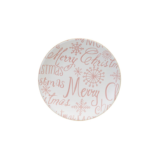 Stoneware Plate with Gold Color Rim "Merry Christmas", Pink & White