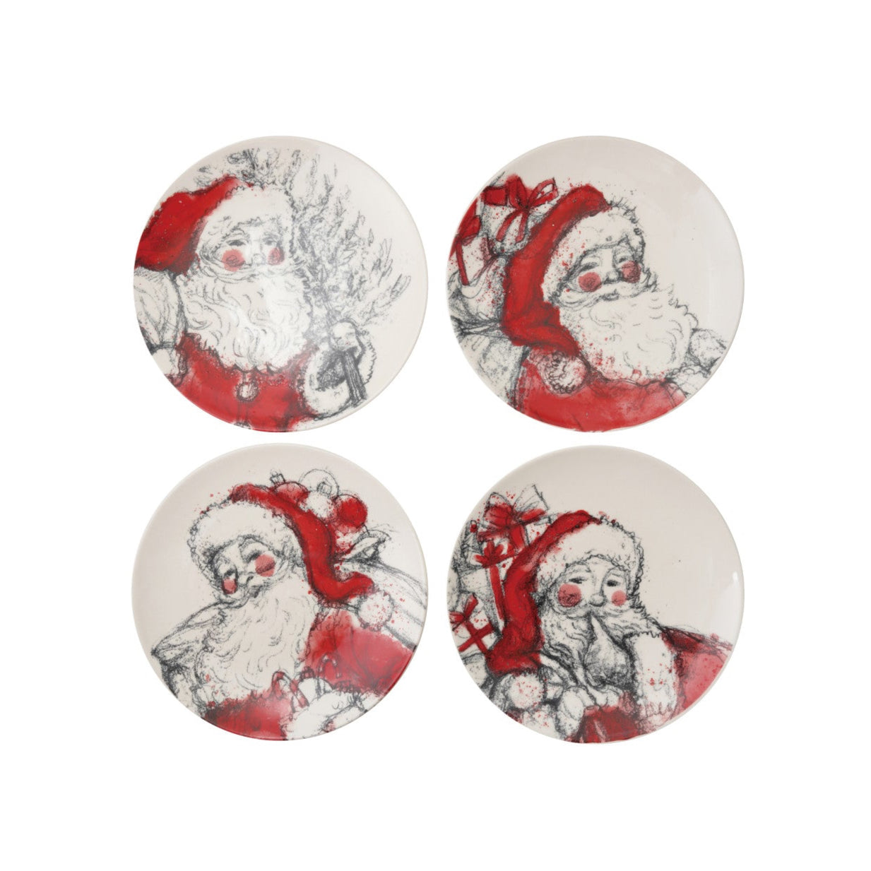 Stoneware Dish with Santa Image, Red, Black & White, 4 Styles ©