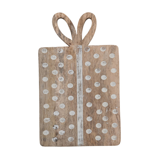 Mango Wood Gift Shaped Cheese/Cutting Board with Dots & Bow Handle
