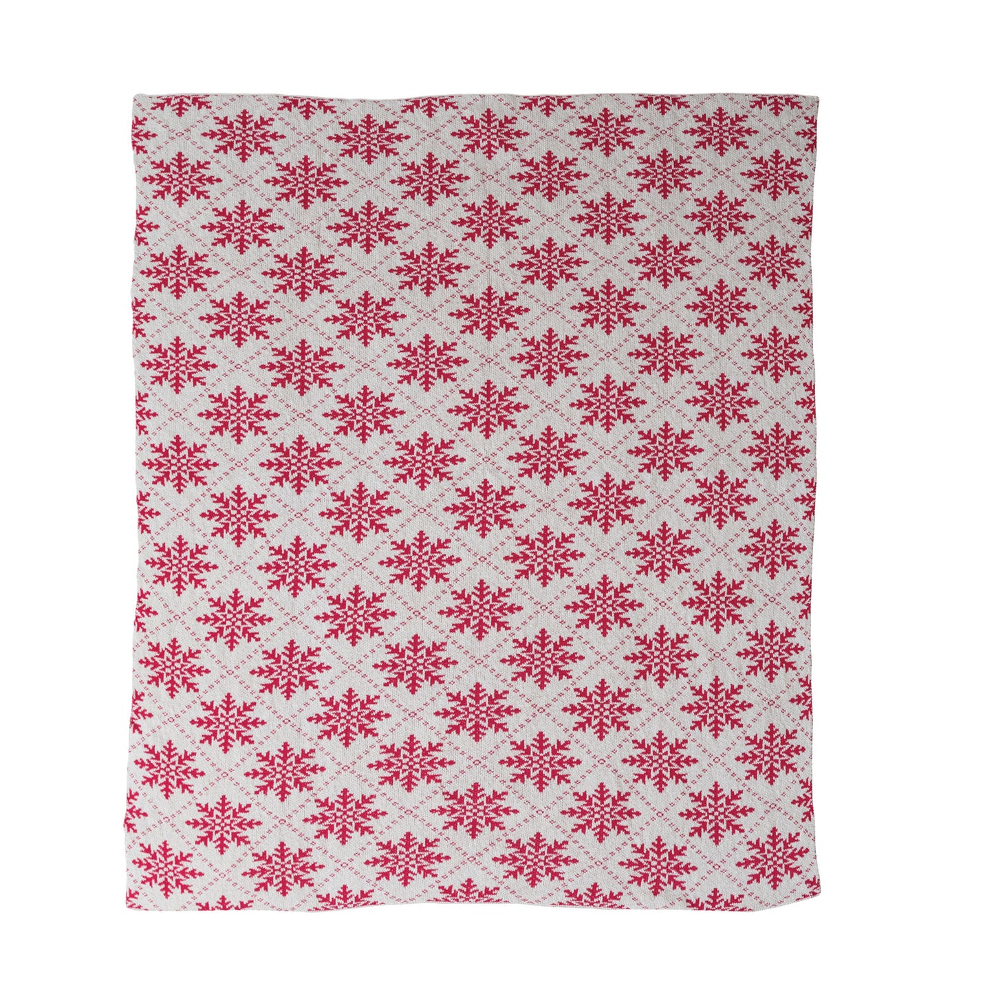 Cotton Knit Throw with Snowflake Pattern, Cream Color & Dark Pink