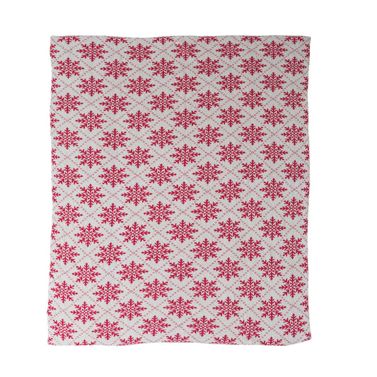 Cotton Knit Throw with Snowflake Pattern, Cream Color & Dark Pink