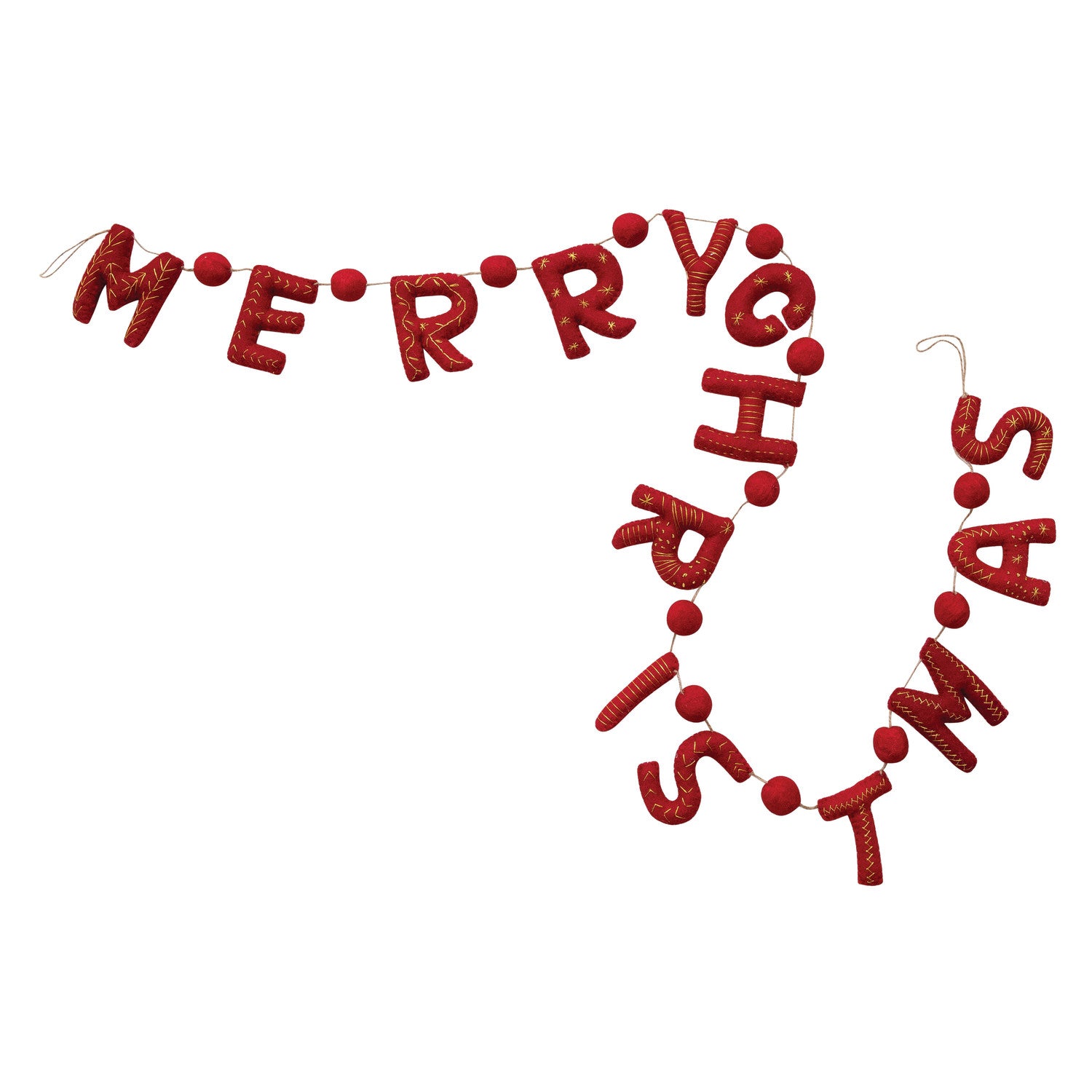 Handmade Wool Felt Garland with Metallic Thread Embroidery & Jute Cord