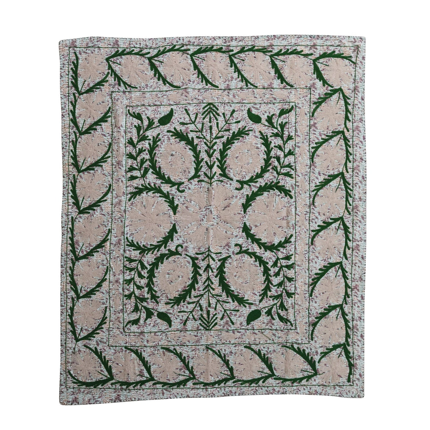 Voile Printed Throw with Suzani Pattern & Hand-Embroidered Kantha Stitch